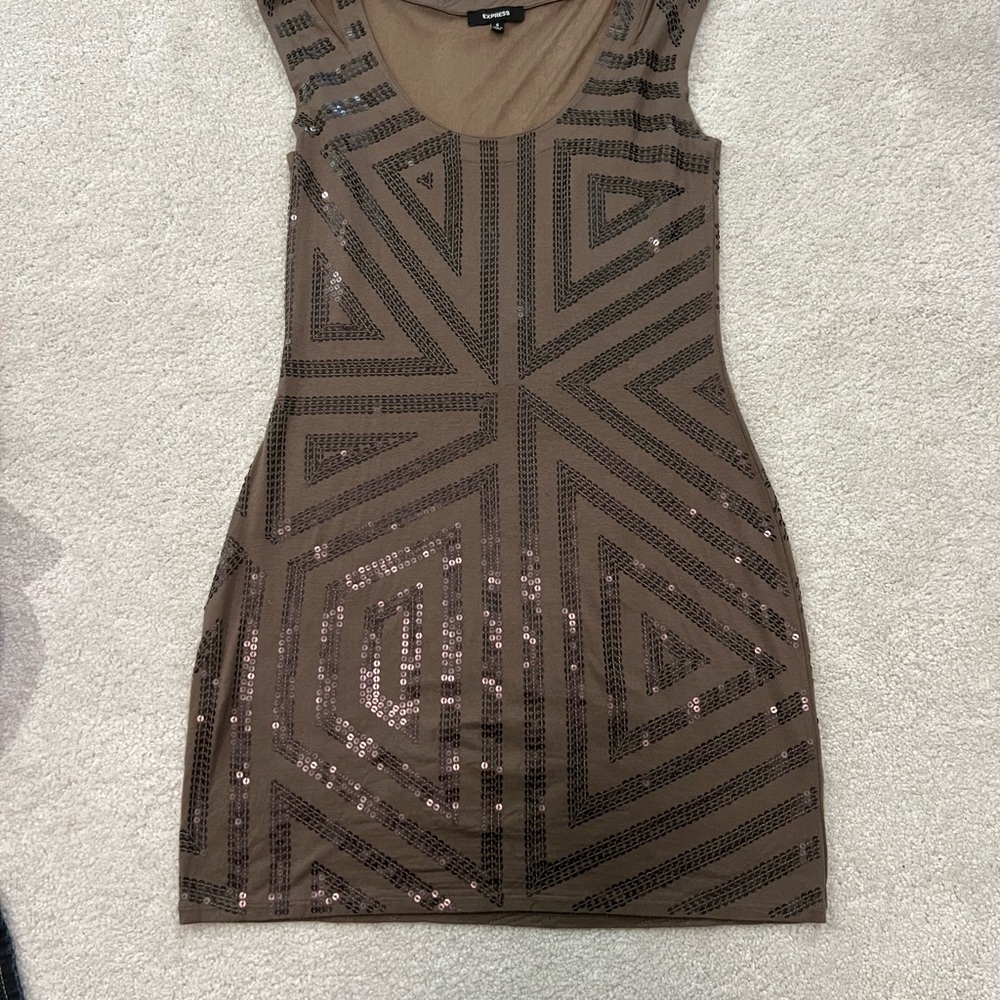 Express Taupe Sequin Geometric Mini Dress